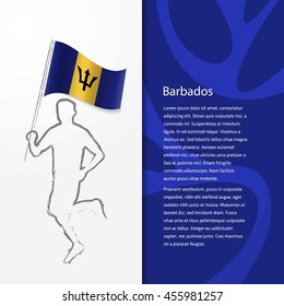 Young athlete running with holding Barbados Flag with typography background. . Athlete with Country flag running in Rio olympics background