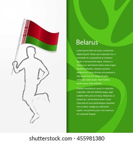 Young athlete running with holding Belarus Flag with typography background. . Athlete with Country flag running in Rio olympics background