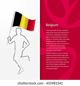 Young athlete running with holding Belgium Flag with typography background. . Athlete with Country flag running in Rio olympics background