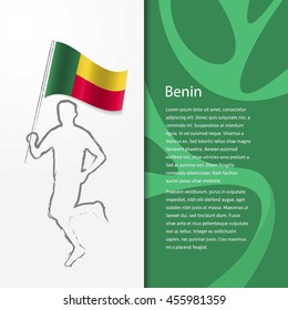 Young athlete running with holding Benin Flag with typography background. . Athlete with Country flag running in Rio olympics background