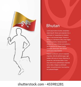 Young athlete running with holding Bhutan Flag with typography background. . Athlete with Country flag running in Rio olympics background