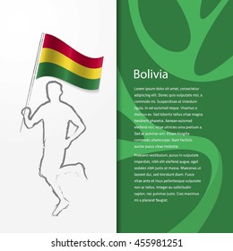 Young athlete running with holding Bolivia Flag with typography background. . Athlete with Country flag running in Rio olympics background