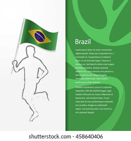 Young athlete running with holding Brazil Flag with typography background.. Athlete with Country flag running in Rio background