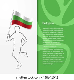 Young athlete running with holding Bulgaria Flag with typography background. Athlete with Country flag running in Rio background