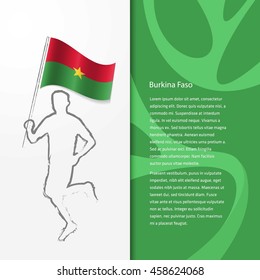 Young athlete running with holding Burkina Faso Flag with typography background. Athlete with Country flag running in Rio olympics background