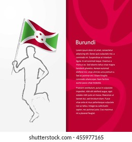 Young athlete running with holding Burundi Flag with typography background.  Athlete with Country flag running in Rio olympics background