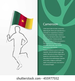 Young athlete running with holding Cameroon Flag with typography background. Athlete with Country flag running in Rio olympics background