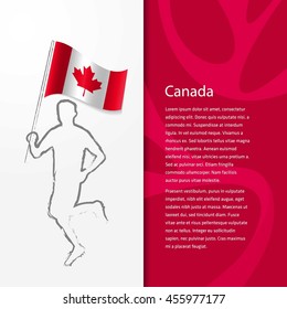 Young athlete running with holding Canada Flag with typography background.  Athlete with Country flag running in Rio olympics background