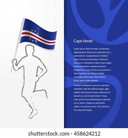 Young athlete running with holding Cape Verde Flag with typography background. Athlete with Country flag running in Rio background