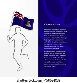 Young athlete running with holding Cayman Islands Flag with typography background. Athlete with Country flag running in Rio olympics background