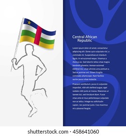 Young athlete running with holding Central African Republic Flag with typography background. Athlete with Country flag running in Rio background