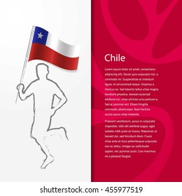 Young athlete running with holding Chile Flag with typography background.  Athlete with Country flag running in Rio olympics background