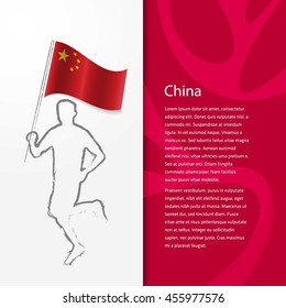 Young athlete running with holding China Flag with typography background. Athlete with Country flag running in Rio olympics background