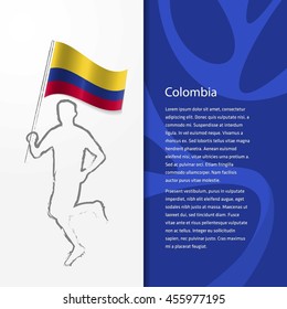 Young athlete running with holding Colombia Flag with typography background.  Athlete with Country flag running in Rio olympics background