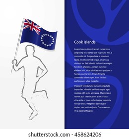 Young athlete running with holding Cook Islands Flag with typography background. Athlete with Country flag running in Rio background