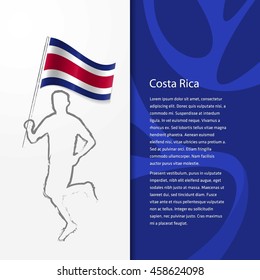 Young athlete running with holding Costa Rica  Flag with typography background. Athlete with Country flag running in Rio olympics background