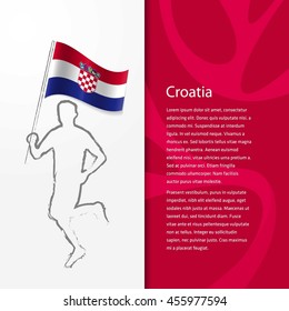 Young athlete running with holding Croatia Flag with typography background. Athlete with Country flag running in Rio olympics background