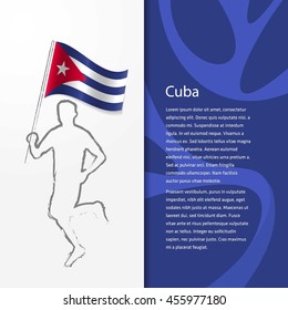 Young athlete running with holding Cuba Flag with typography background.  Athlete with Country flag running in Rio olympics background