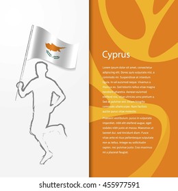 Young athlete running with holding Cyprus Flag with typography background. Athlete with Country flag running in Rio olympics background