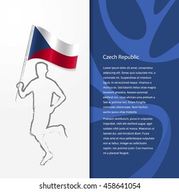 Young athlete running with holding Czech Republic Flag with typography background. Athlete with Country flag running in Rio background