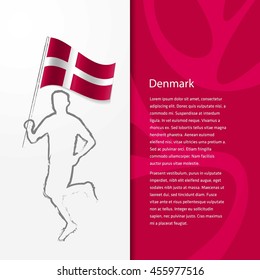 Young athlete running with holding Denmark Flag with typography background.  Athlete with Country flag running in Rio olympics background