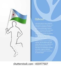 Young athlete running with holding Djibouti Flag with typography background.  Athlete with Country flag running in Rio olympics background