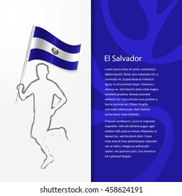 Young athlete running with holding El Salvador Flag with typography background. Athlete with Country flag running in Rio olympics background