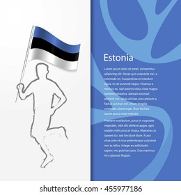 Young athlete running with holding Estonia Flag with typography background.  Athlete with Country flag running in Rio olympics background