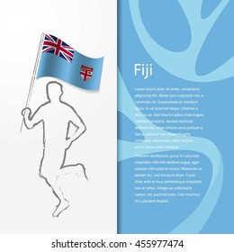 Young athlete running with holding Fiji Flag with typography background.  Athlete with Country flag running in Rio olympics background