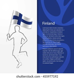 Young athlete running with holding Finland Flag with typography background.  Athlete with Country flag running in Rio olympics background