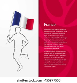 Young athlete running with holding France Flag with typography background. Athlete with Country flag running in Rio olympics background