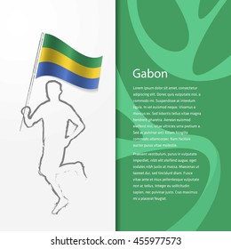 Young athlete running with holding Gabon Flag with typography background. Athlete with Country flag running in Rio olympics background