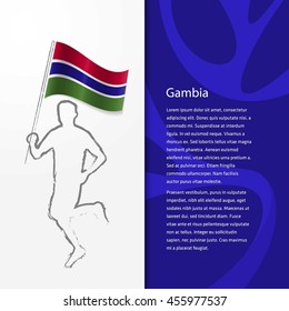 Young athlete running with holding Gambia Flag with typography background. Athlete with Country flag running in Rio olympics background