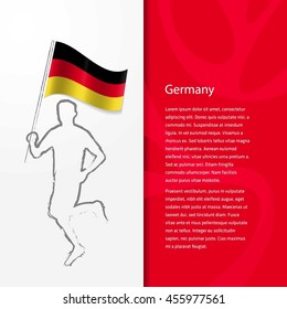 Young athlete running with holding Germany Flag with typography background. Athlete with Country flag running in Rio olympics background