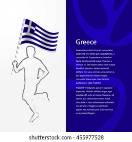 Young athlete running with holding Greece Flag with typography background.  Athlete with Country flag running in Rio olympics background