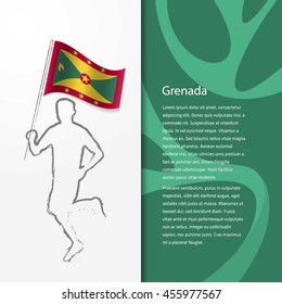 Young athlete running with holding Grenada Flag with typography background. Athlete with Country flag running in Rio olympics background