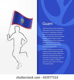 Young athlete running with holding Guam Flag with typography background.  Athlete with Country flag running in Rio olympics background