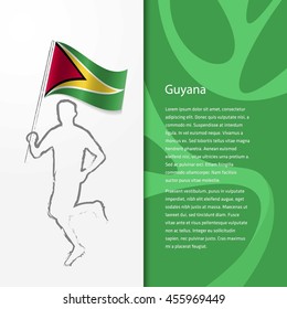 Young athlete running with holding Guyana Flag with typography background. Athlete with Country flag running in Rio olympics background