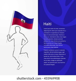 Young athlete running with holding Haiti Flag with typography background. Athlete with Country flag running in Rio olympics background