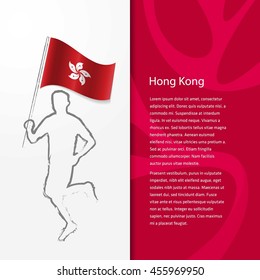 Young athlete running with holding Hongkong Flag with typography background. Athlete with Country flag running in Rio olympics background