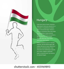 Young athlete running with holding Hungary Flag with typography background. Athlete with Country flag running in Rio olympics background