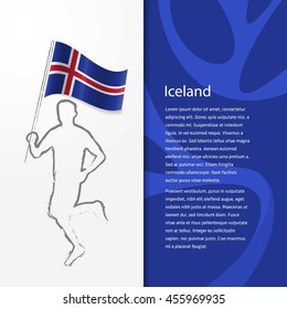 Young athlete running with holding Iceland Flag with typography background. Athlete with Country flag running in Rio olympics background