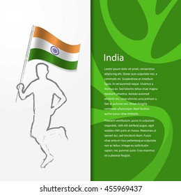 Young athlete running with holding India Flag with typography background. Athlete with Country flag running in Rio olympics background