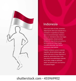 Young athlete running with holding Indonesia Flag with typography background. Athlete with Country flag running in Rio olympics background