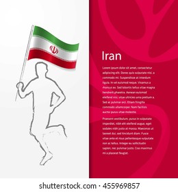 Young athlete running with holding Iran Flag with typography background. Athlete with Country flag running in Rio olympics background