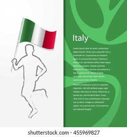 Young athlete running with holding Italy Flag with typography background. Athlete with Country flag running in Rio olympics background