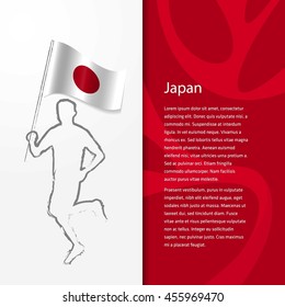 Young athlete running with holding Japan Flag with typography background. Athlete with Country flag running in Rio olympics background