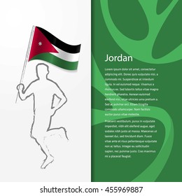 Young athlete running with holding Jordan Flag with typography background. Athlete with Country flag running in Rio olympics background