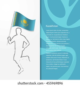 Young athlete running with holding Kazakhstan Flag with typography background. Athlete with Country flag running in Rio olympics background