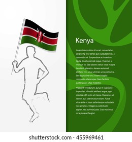 Young athlete running with holding Kenya Flag with typography background. Athlete with Country flag running in Rio olympics background